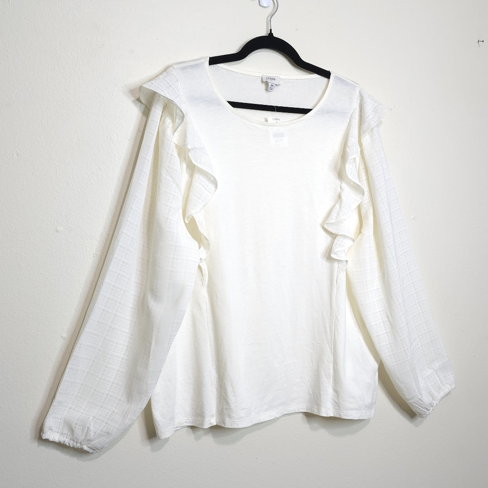 NWT J.Crew Ruffle-Shoulder Top NWT 2X Ivory Plaid Jacquard Bubble Sleeves - Picture 2 of 10